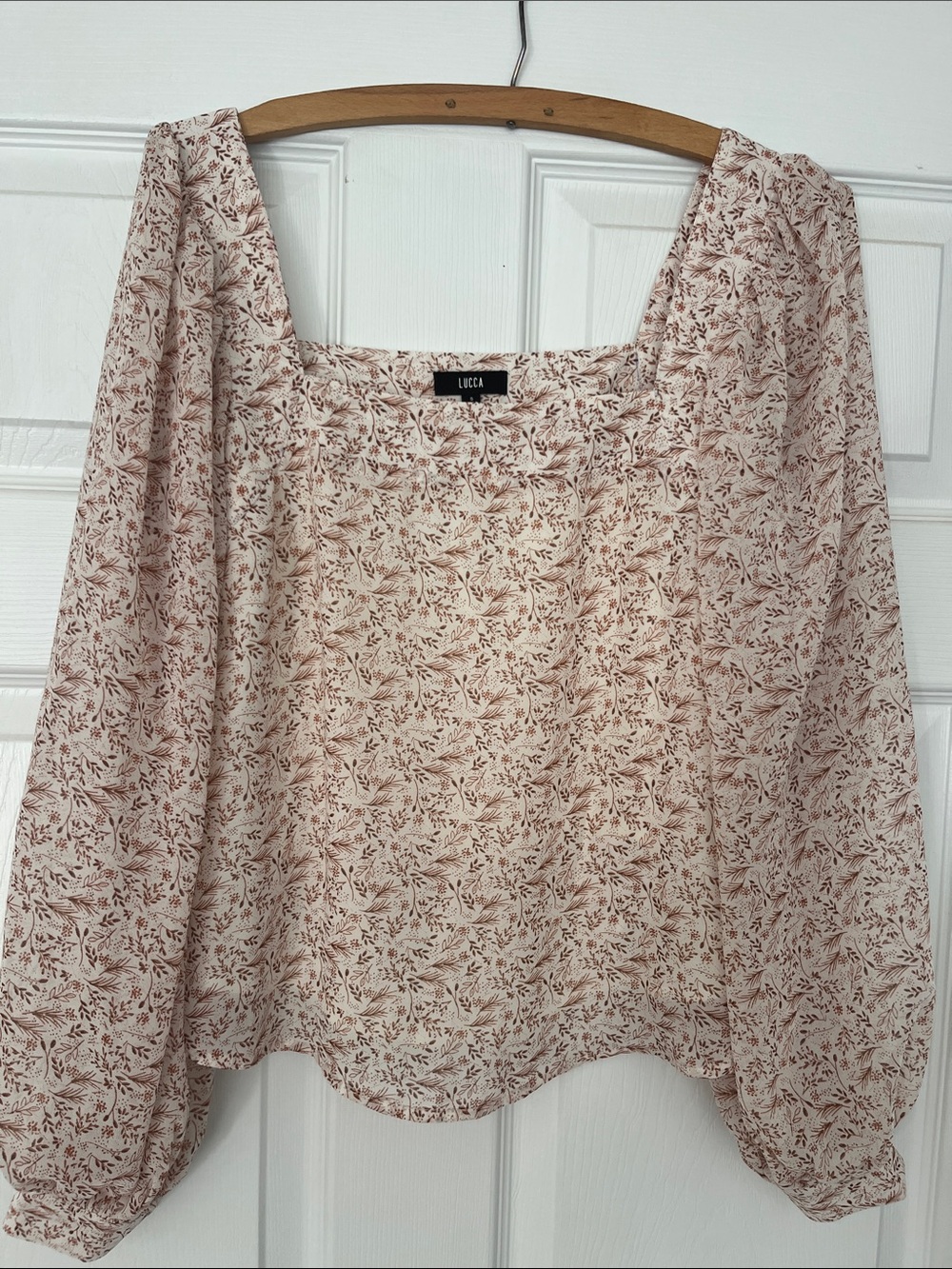 LUCCA Cream Floral Square-Neck Blouse with Long Puff Sleeves